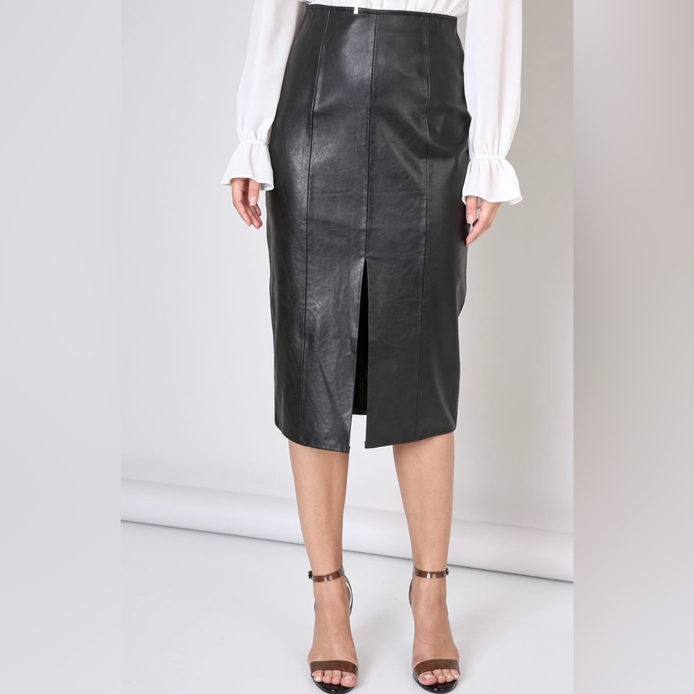 FAUX LEATHER FRONT SLIT MIDI SKIRT KNITTED SKIRT COMPLETELY COATED W/PU